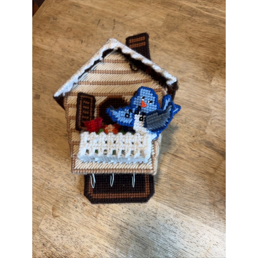 Vintage Needlepoint Key holder 3D Bluebirds House Flowers Picket Fence